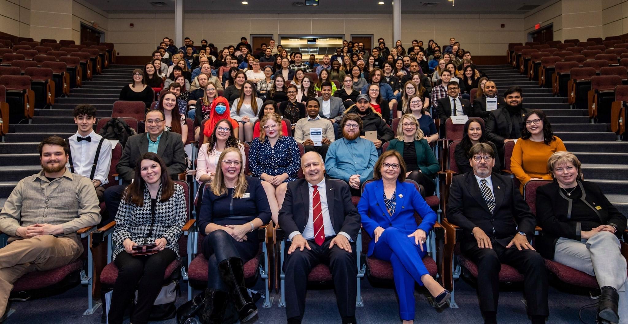 An image of award-winning students and invited guests sitting together in a lecture hall at the 2019 VIP Awards Ceremony.